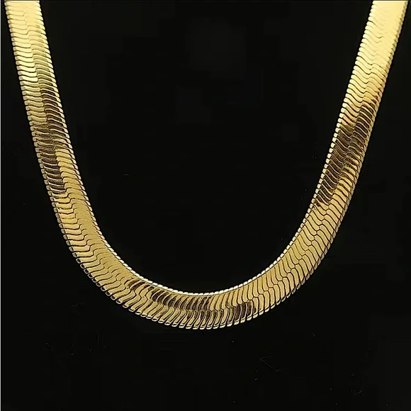 Gold Herringbone Flat Necklace Bracelet Set, Unisex, Two Piece 4mm - Picture 5 of 9